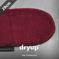 Roter flauschiger Dryup® Handschuh in Größe 29 cm mit Markenname und Hinweis „Der Handschuh“ auf hellem Hintergrund.