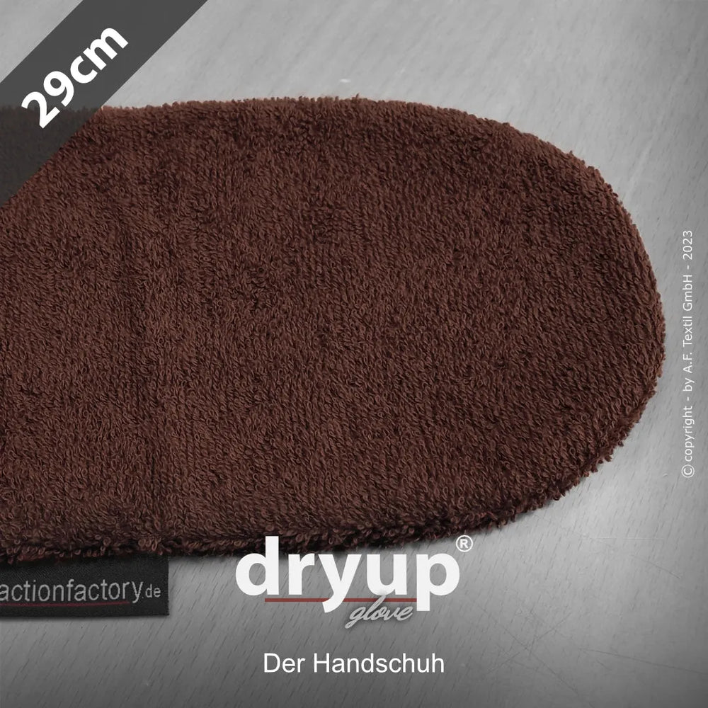 Brauner Dryup® Handschuh aus weichem Material, oval geformt, Länge 29 cm, mit Logo in der unteren Ecke.