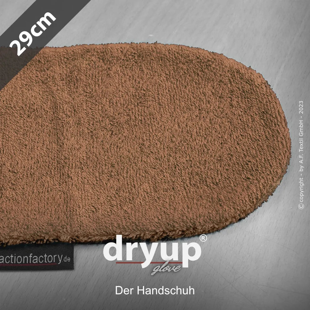 Unterseite des Dryup® Handschuhs mit brauner Frotteefläche und Größenangabe von 29 cm, Markenname sichtbar.