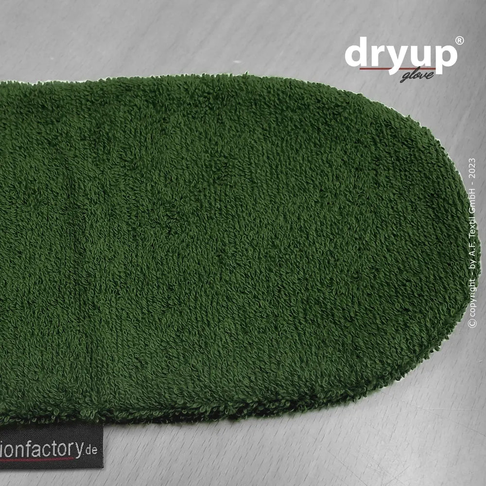 Grüner Dryup® Handschuh aus weichem Material mit strukturierter, saugfähiger Oberfläche für effektive Reinigung.