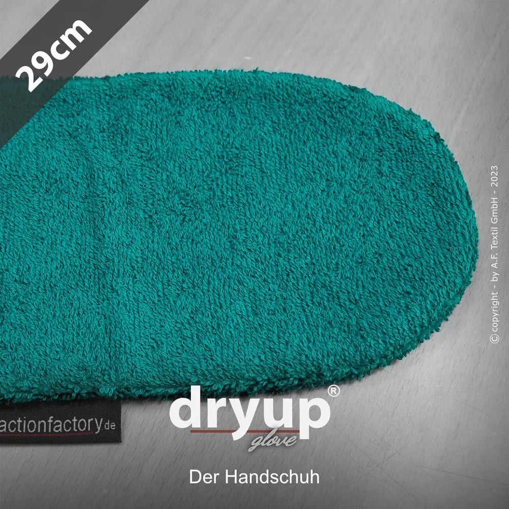 Grüner Dryup® Handschuh mit flauschiger Oberfläche und ovaler Form, ideal für effektive Handtrocknung.