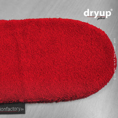 Roter, gepolsterter Dryup® Handschuh aus weichem, texturiertem Material mit abgerundeter Kante und flauschiger Oberfläche.