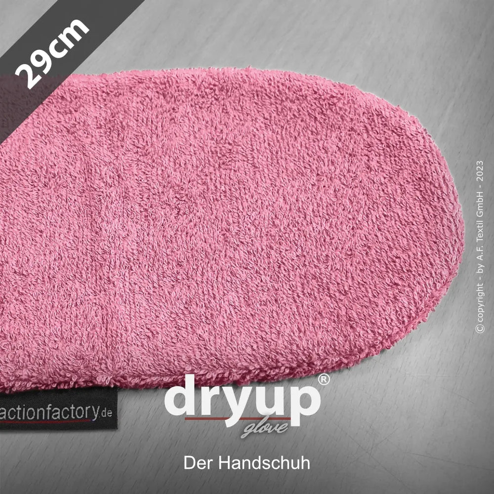 Pinkfarbener Dryup® Handschuh aus flauschigem Material, 29 cm lang, mit Logo und Schriftzug. Ideal für trockene Hände.