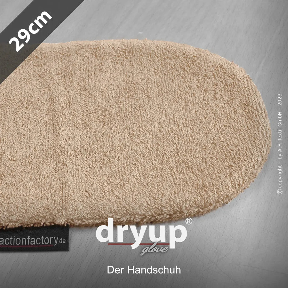 Ovaler, brauner Dryup® Handschuh aus saugfähigem Material, 29 cm lang, ideal für vielseitige Anwendungen.