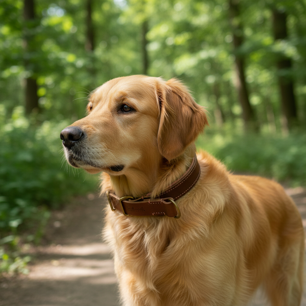 Golden Retriever im Wald mit braunem Zugstopp Lederhalsband, aufmerksam und majestätisch, beobachtet die Umgebung.