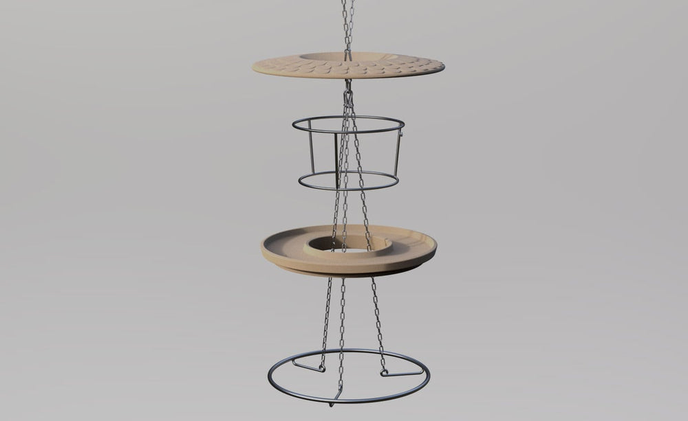 Edelstahl-Futterhaus für Vögel mit mehreren runden Behältern und strukturierter Platte zur Ansicht und Futteraufnahme.