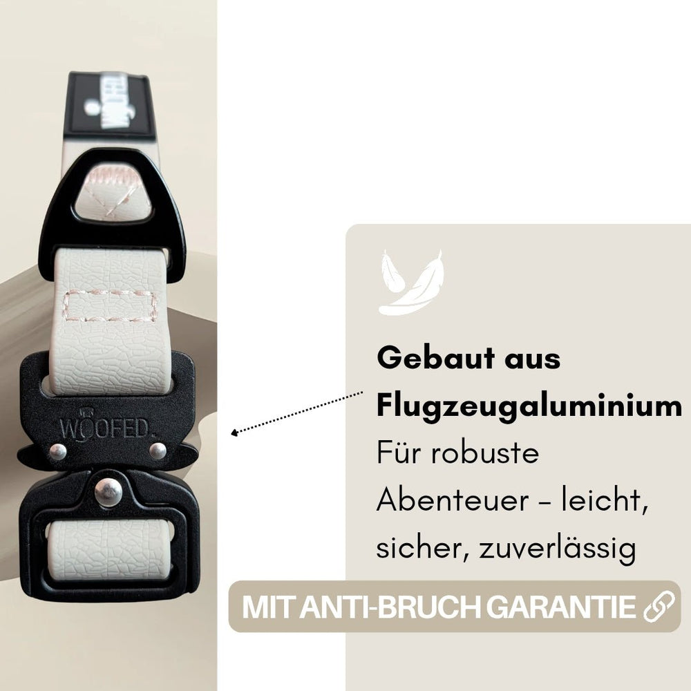 Robustes, verstellbares WOOFLEX® Tactical Hundehalsband aus Aluminium, ideal für Abenteuer mit Anti-Bruch-Garantie.