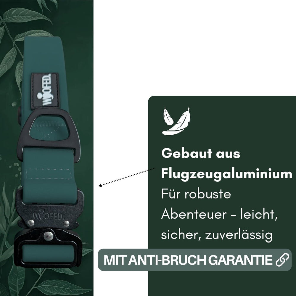 Verstellbares WOOFLEX® Tactical Halsband in grün, leicht und sicher, ideal für aktive Hunde, mit Anti-Bruch-Garantie.