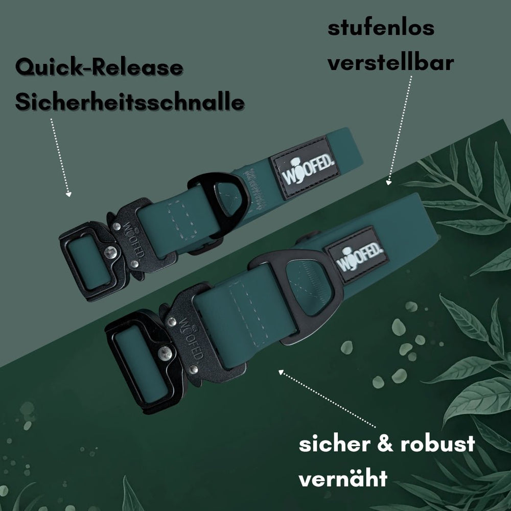 Verstellbares Halsband WOOFLEX® Tactical in dunklem Farbton mit robusten Sicherheitsgurten und Quick-Release-Schnalle.