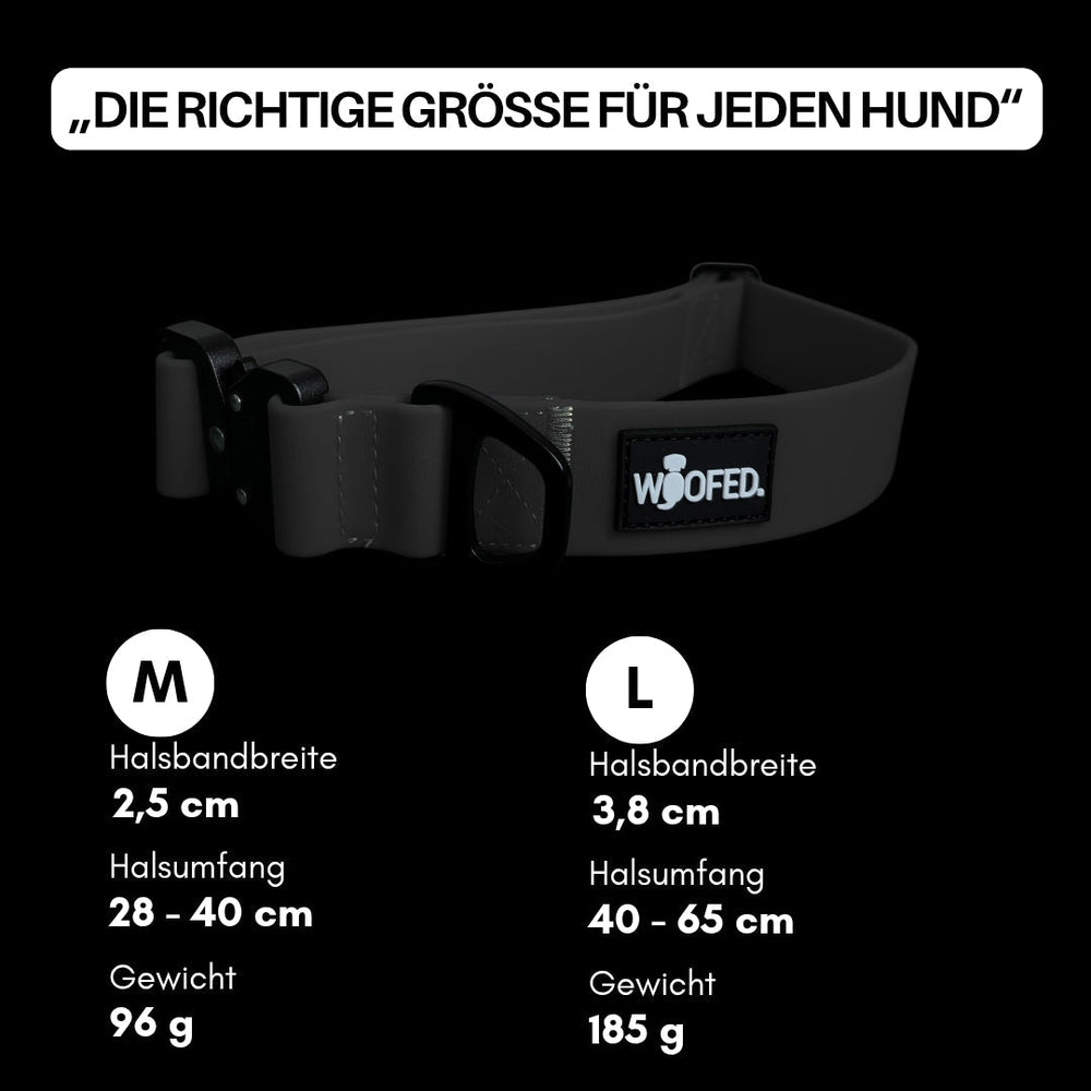 Verstellbare WOOFLEX® Tactical Hundehalsbänder in den Größen M und L mit breitem Design. Ideal für alle Hundetypen.