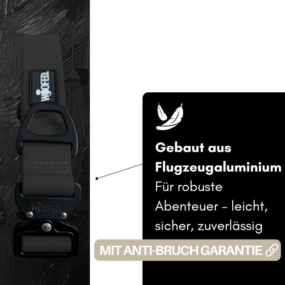 Verstellbares WOOFLEX® Tactical Halsband aus Flugzeugaluminium für robuste Abenteuer, leicht und sicher.