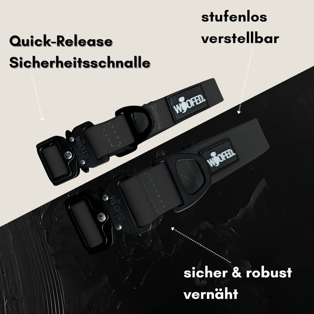 Verstellbare schwarze Quick-Release Sicherheitsschnallen für das WOOFLEX® Tactical Halsband, robust und sicher vernäht.