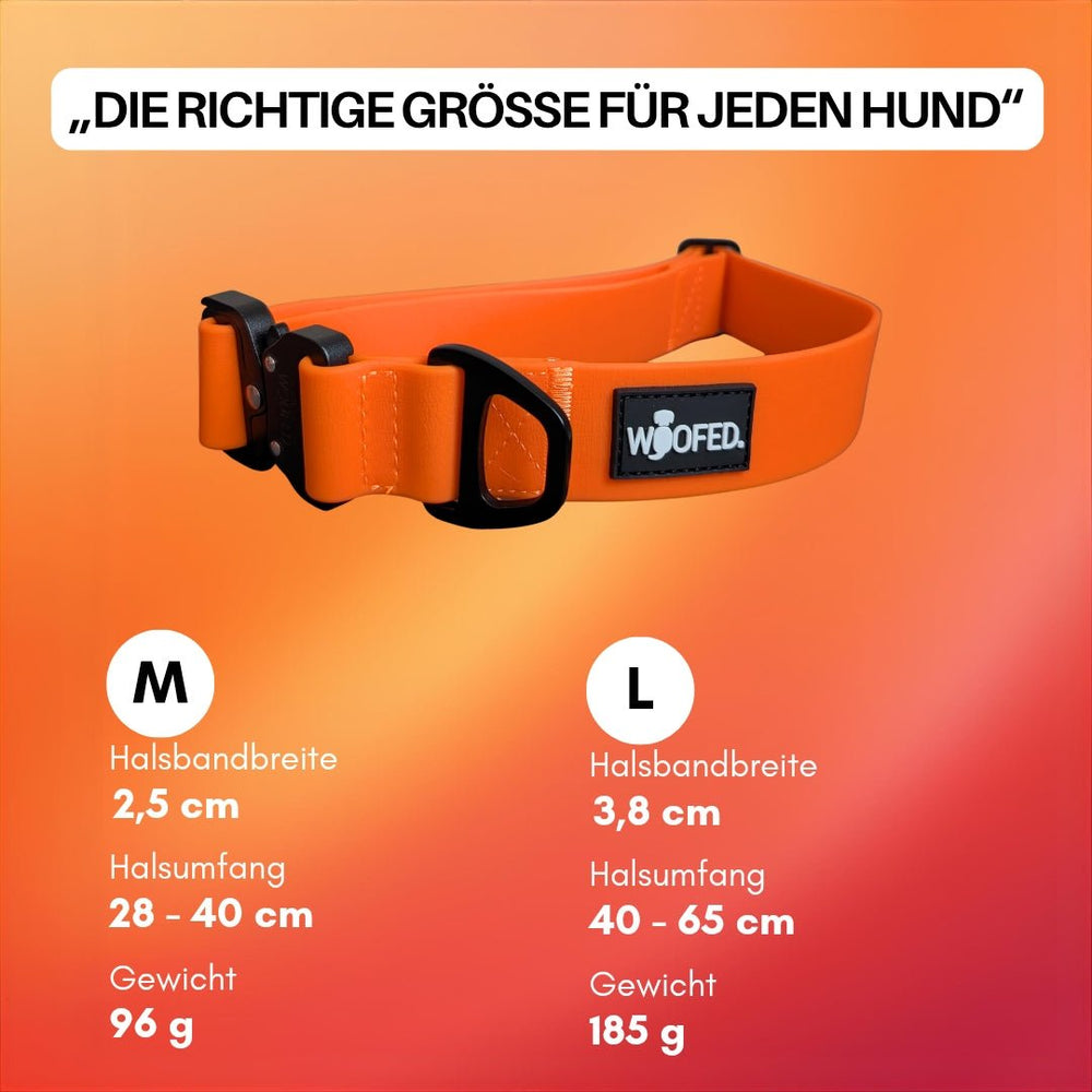 Verstellbares WOOFLEX® Tactical Halsband in orange, Größen M und L, ideal für optimale Passform bei Hunden.