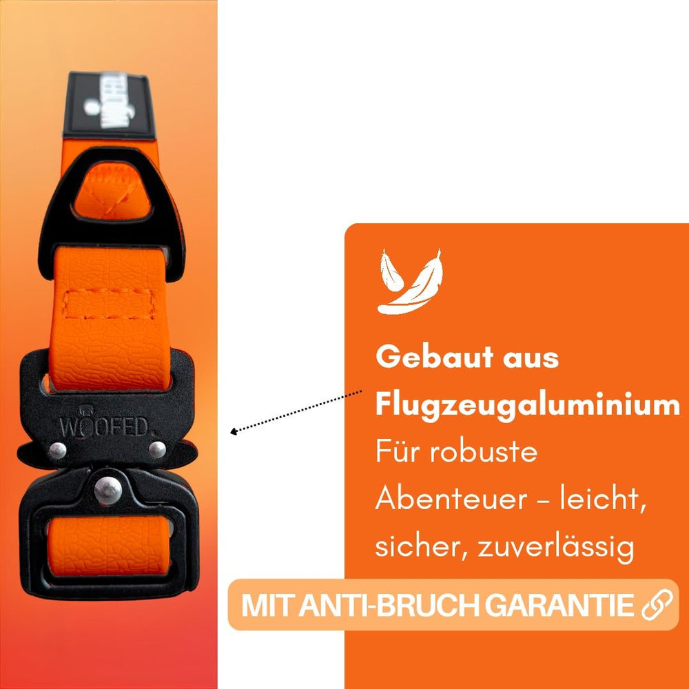 Verstellbares WOOFLEX® Tactical Halsband in Orange mit schwarzem Aluminiumverschluss für Abenteuer und Langlebigkeit.