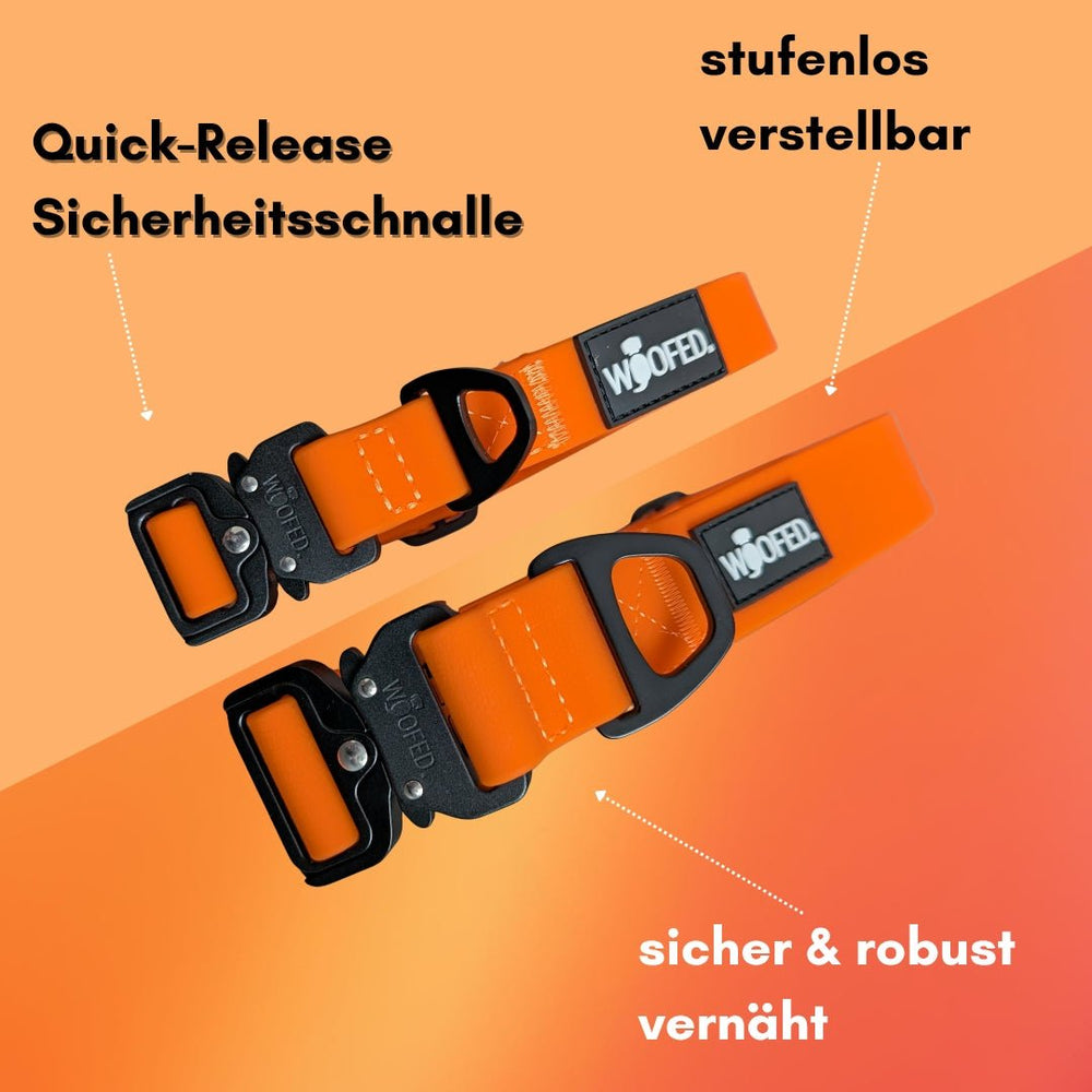 Verstellbare orange Sicherheitschnalle WOOFLEX® Tactical mit Quick-Release-Funktion, robust und auffällig gestaltet.