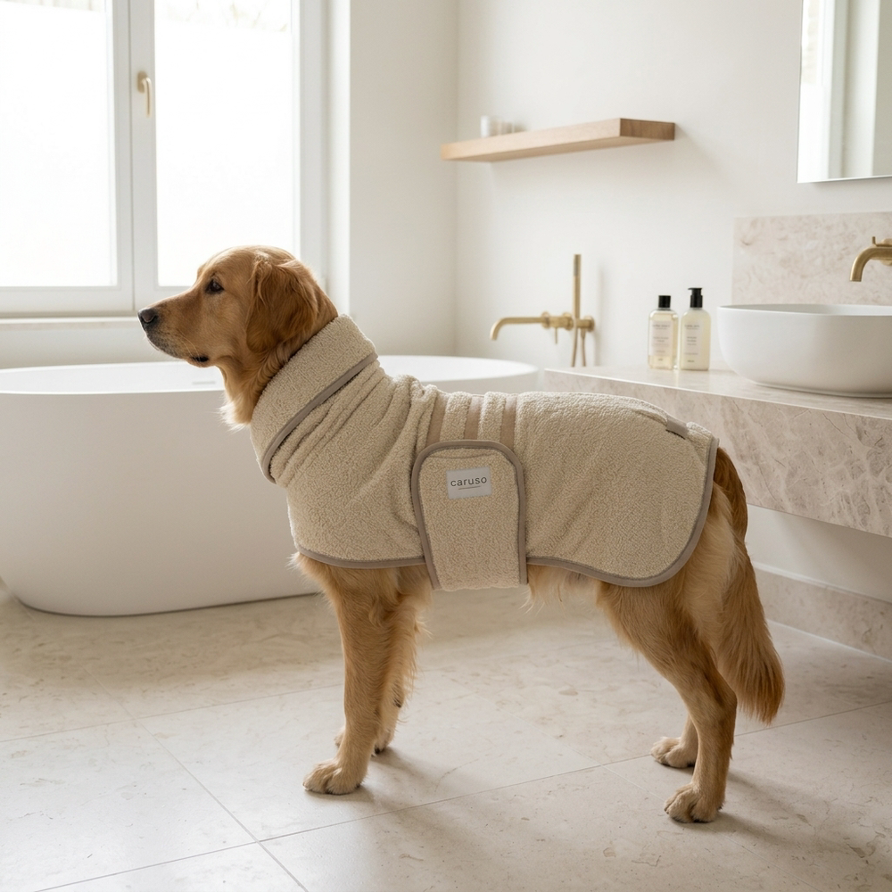 Golden Retriever im Badezimmer, trägt einen beigefarbenen Hundebademantel für warmen Komfort nach dem Baden.