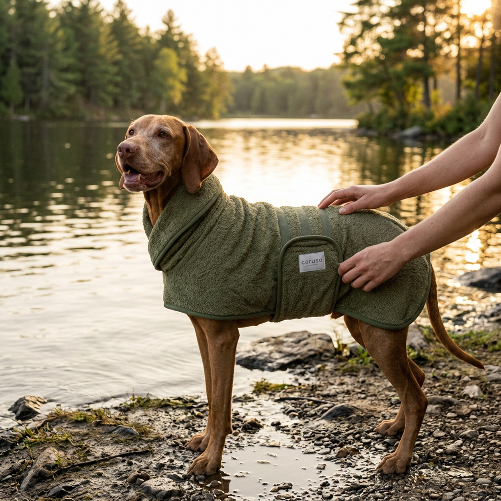 Hund mit grünem Bademantel am Gewässer, gehalten von einer Person, umgeben von natürlicher Landschaft.