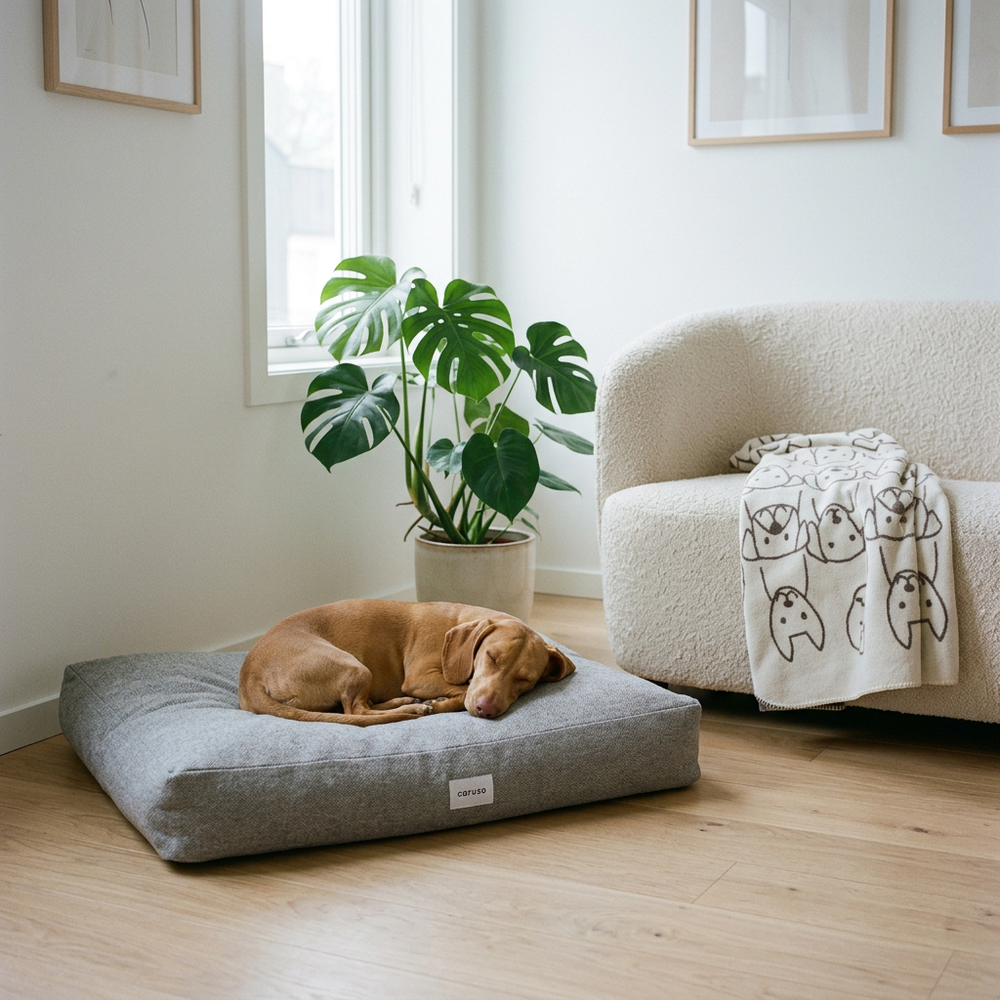 Hund schläft friedlich auf grauem Hundebett in einem stilvollen, hellen Wohnraum mit Sofa und Pflanze.