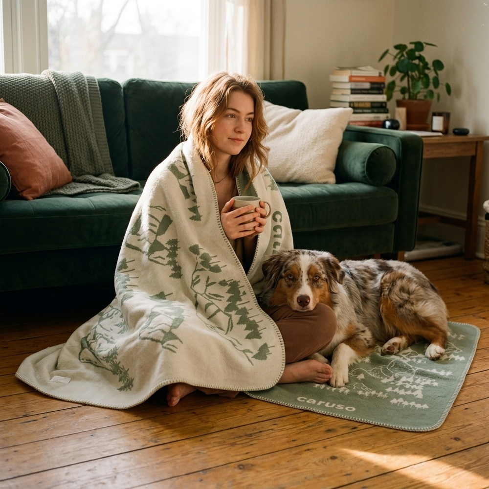Junge Frau sitzt entspannt in pflanzenmotivierter Decke und hält eine Tasse, neben ihr liegt ein australischer Hund.