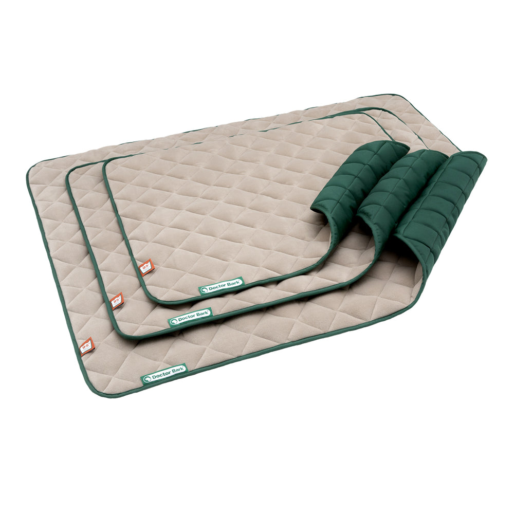 Beige Steppdecke mit grüner Umrandung, ordentlich gefaltet in drei Größen, ideal für gemütliche Stunden.