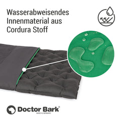 "Detailansicht des Doctor Bark Fleece-Covers für Hundebetten mit wasserabweisendem Cordura-Stoff und abperlenden Wassertropfen."