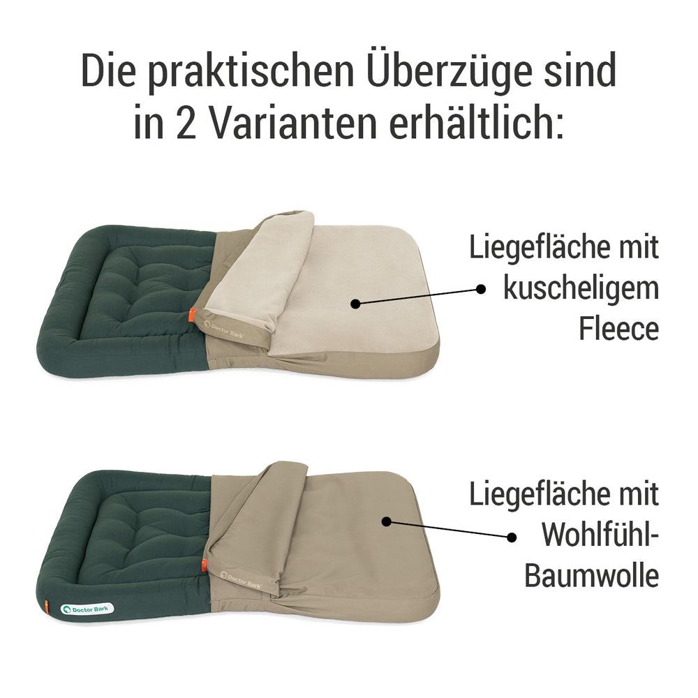 "Zwei Varianten von Doctor Bark Liegeflächen-Überzügen: kuscheliger Fleece und angenehme Baumwolle für optimalen Komfort."