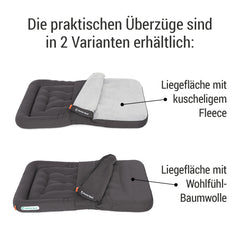 „Zwei Varianten von Doctor Bark Fleece Überzügen für Lounge-Kissen: oben Fleece, unten Baumwolle.“