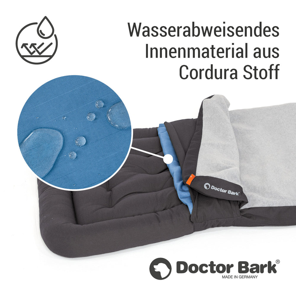 "Hundematte von Doctor Bark in Grau mit blauen Akzenten, wasserabweisendem Cordura-Stoff für optimalen Komfort."