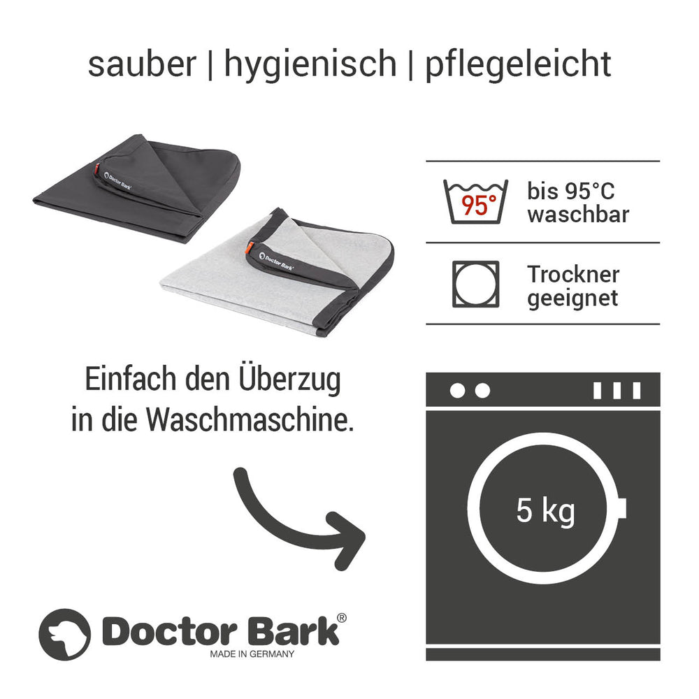 "Doctor Bark Fleece Cover ortho, hygienische Matratzenbezüge in Grau und Schwarz, pflegeleicht und waschbar bis 95 °C."