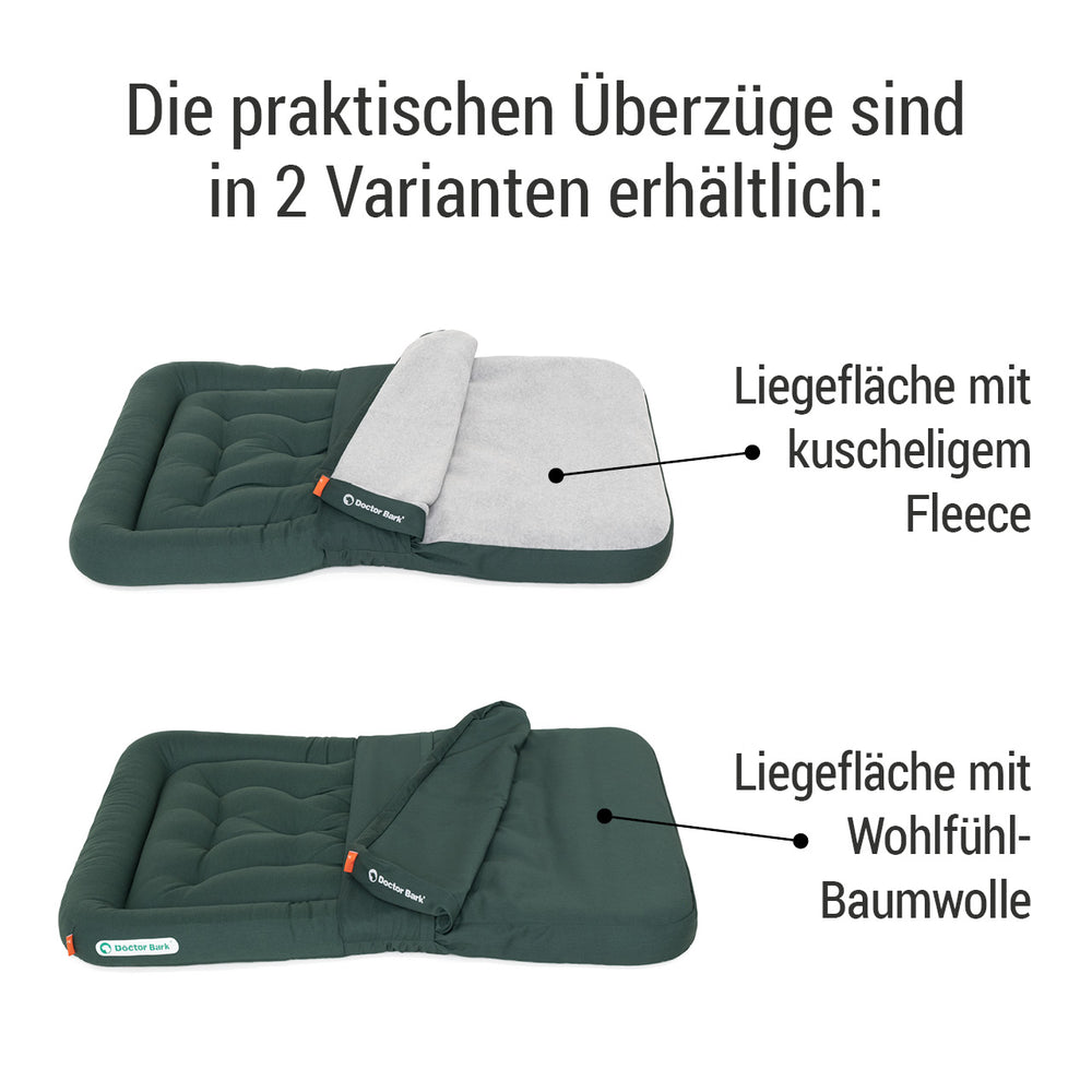 Kuschelweiche Fleece- und Baumwollüberzüge für das Doctor Bark Lounge-Kissen in zwei Varianten.