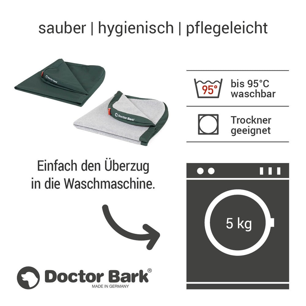 "Doctor Bark Fleece Cover: Waschbare Hundebetten bis 95 °C mit hygienischen Eigenschaften für ein sauberes Zuhause."