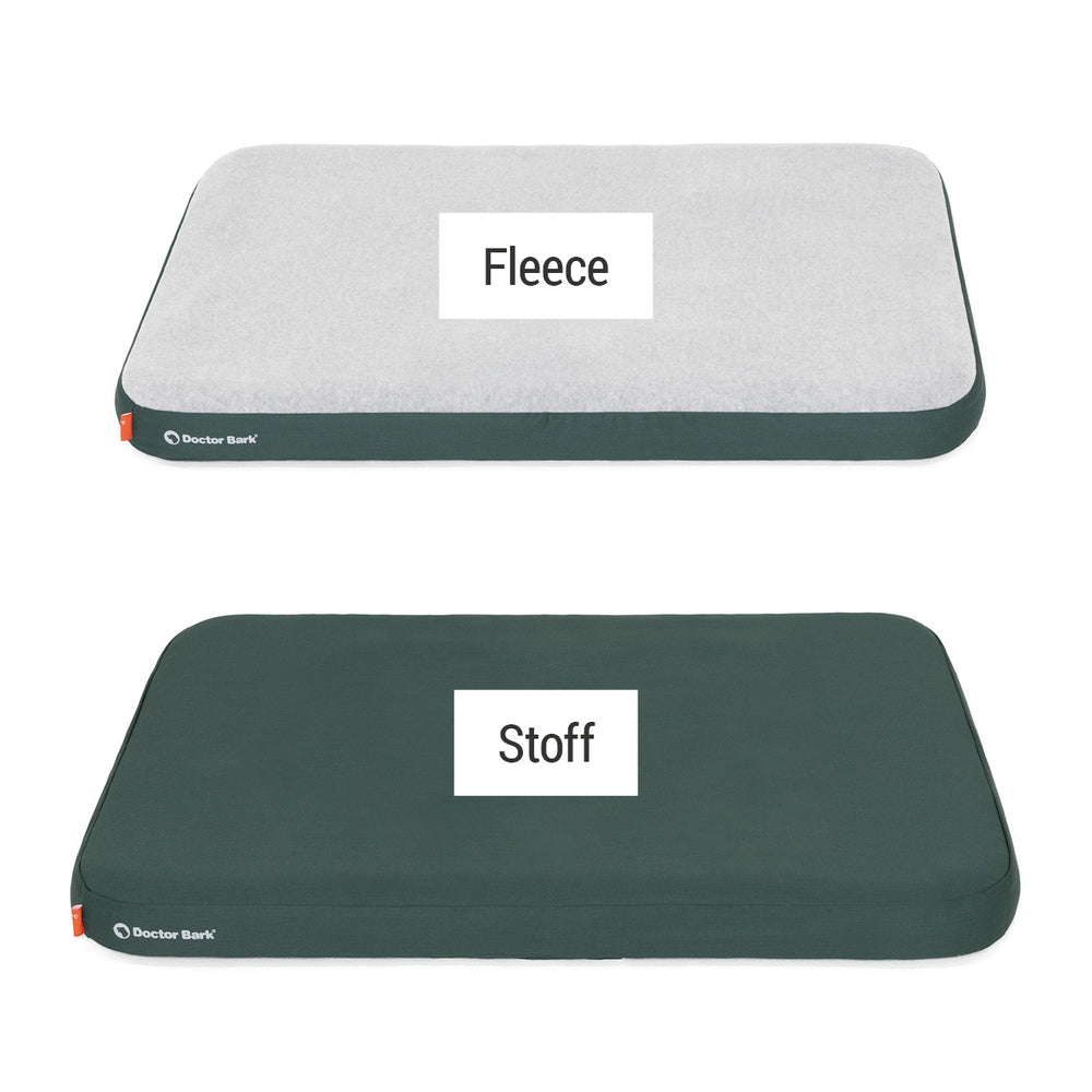 Rechteckige Hundematte mit Fleece-Oberseite und robustem Material darunter, ideal für Komfort und Unterstützung.