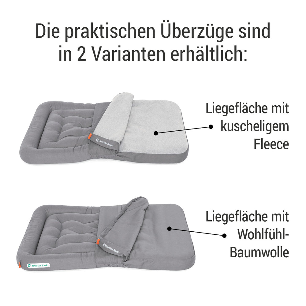 Zwei Varianten von Doctor Bark Fleece-Covern für orthopädische Lounge-Kissen: kuscheliger Fleece und komfortable Baumwolle.