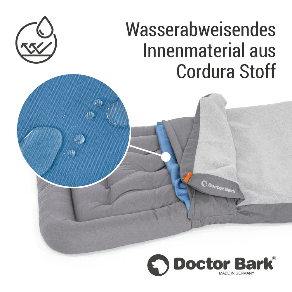 "Wasserdichte Liegeunterlage mit grauem Stoff und blauem Cordura für Komfort und Schutz von Haustieren."
