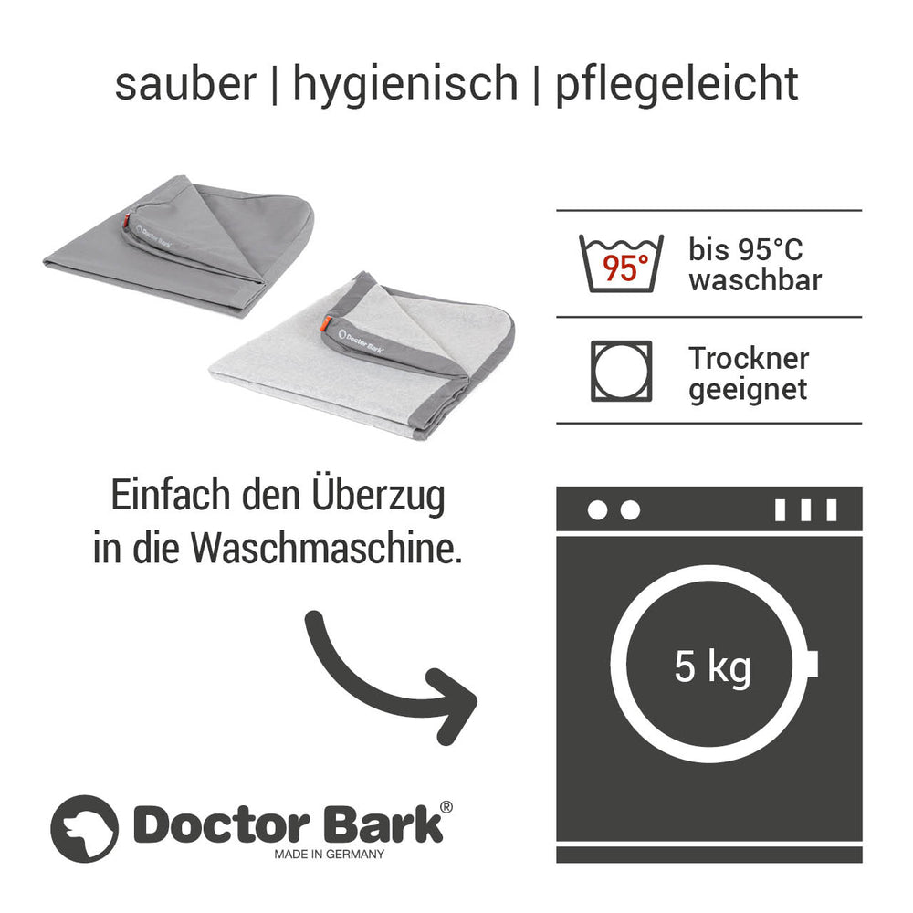 Zwei graue Doctor Bark Fleece Überzüge für Lounge-Kissen, hygienisch, waschbar bis 95°C und pflegeleicht für Haustiere.