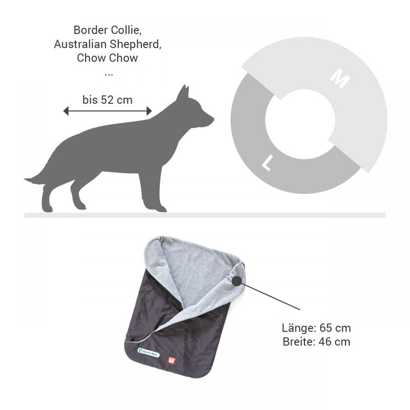 Grauer Hunde-Schlafsack mit schwarzer Silhouette, 65 cm lang und 46 cm breit, ideal für entspannte Hundemomente.