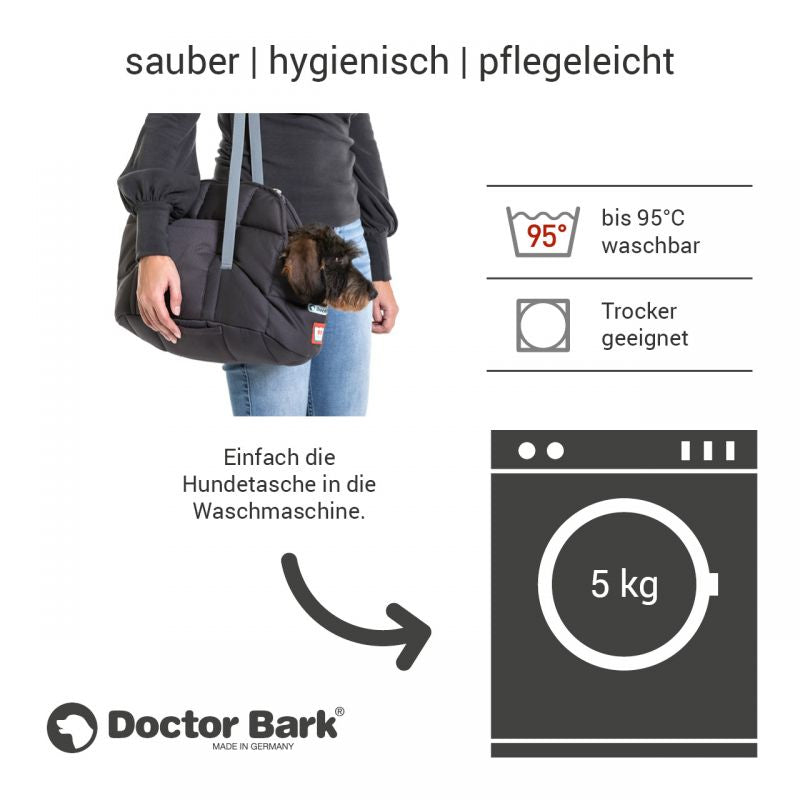 Grauere Hundetragetasche von Doctor Bark, pflegeleicht, hygienisch und waschbar bis 95 °C für sicheren Transport.