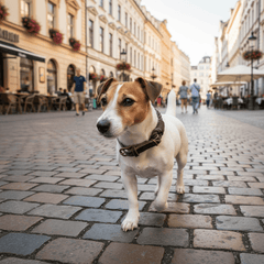 Kleiner Hund mit Tauhalsband Ahoi auf gepflastertem Gehweg, umgeben von Menschen und bunten Gastronomie-Fenstern.