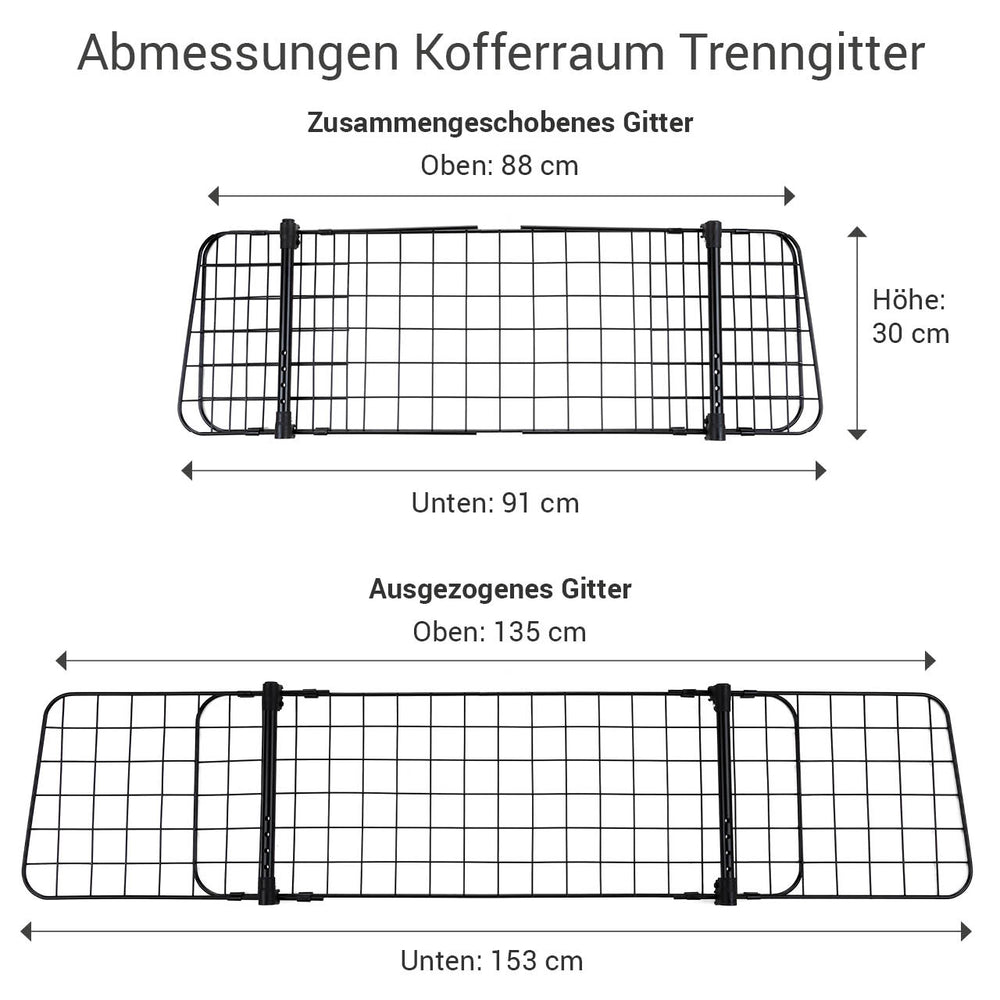 "Doctor Bark Universal Kofferraumgitter mit Abmessungen von 30 cm Höhe und 88 cm Breite zur sicheren Trennung im Kofferraum."