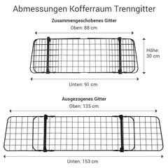 "Doctor Bark Universal Kofferraumgitter mit Abmessungen von 30 cm Höhe und 88 cm Breite zur sicheren Trennung im Kofferraum."