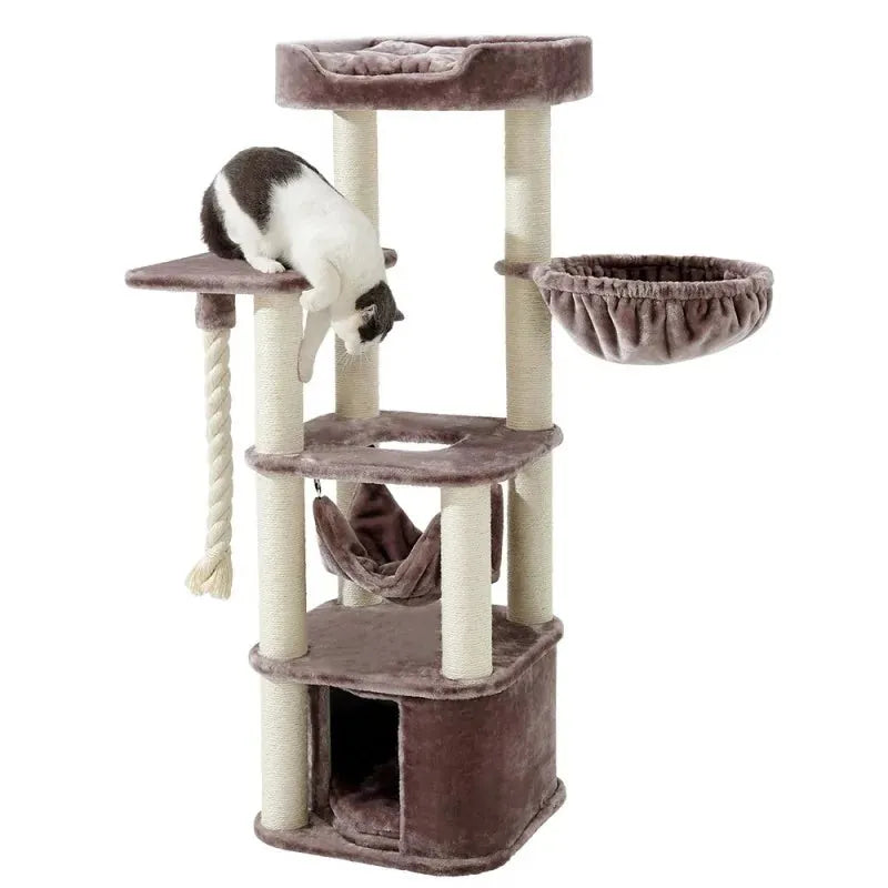 "Kratzbaum ZADA für Katzen in neutralen Farben mit Plattformen, Häuschen und Kratzstamm."
