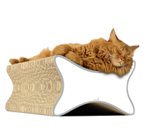 Schlafende orangefarbene Katze auf modernem, wellenförmigen Kratzbaum aus Baumwolle und Sisal.