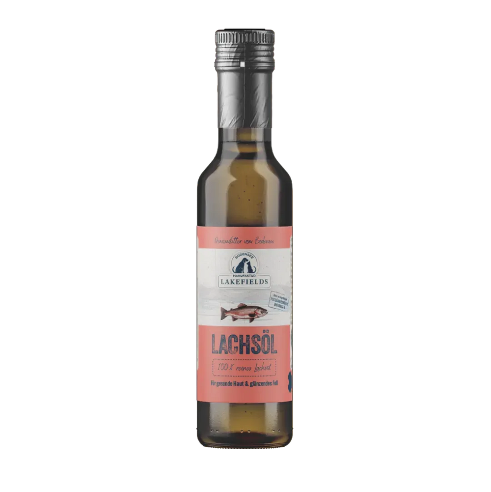 Flasche mit natürlichem Lachsöl von Lakefields in Pastellfarben und silberner Schraubkappe.
