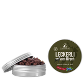 Hunde-Leckerli vom Hirsch in dekorativer Dose mit teilweise geöffnetem Deckel, ideal für vierbeinige Freunde.