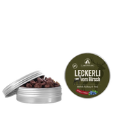 Hunde-Leckerli vom Hirsch in dekorativer Dose mit teilweise geöffnetem Deckel, ideal für vierbeinige Freunde.