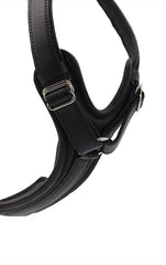 Schwarzes, gepolstertes Lederhalsband mit verstellbaren Schnallen auf weißem Hintergrund. Ergonomisch und robust gestaltet.