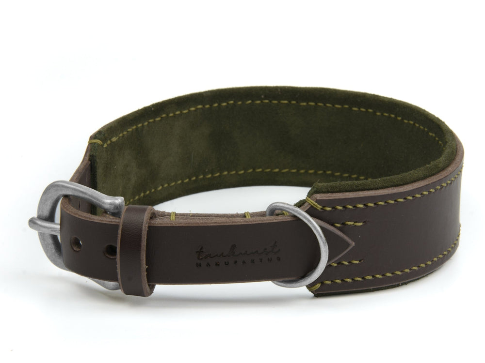Braunes Lederhalsband mit grüner Innenseite, gelben Nähten und silberner Metallschnalle, ideal für Hunde.