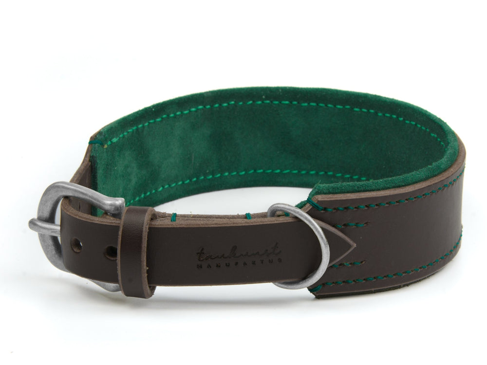 Schmales braunes Lederhalsband mit grüner Innenfläche, silberner Schnalle und einzigartiger Oberflächenstruktur.