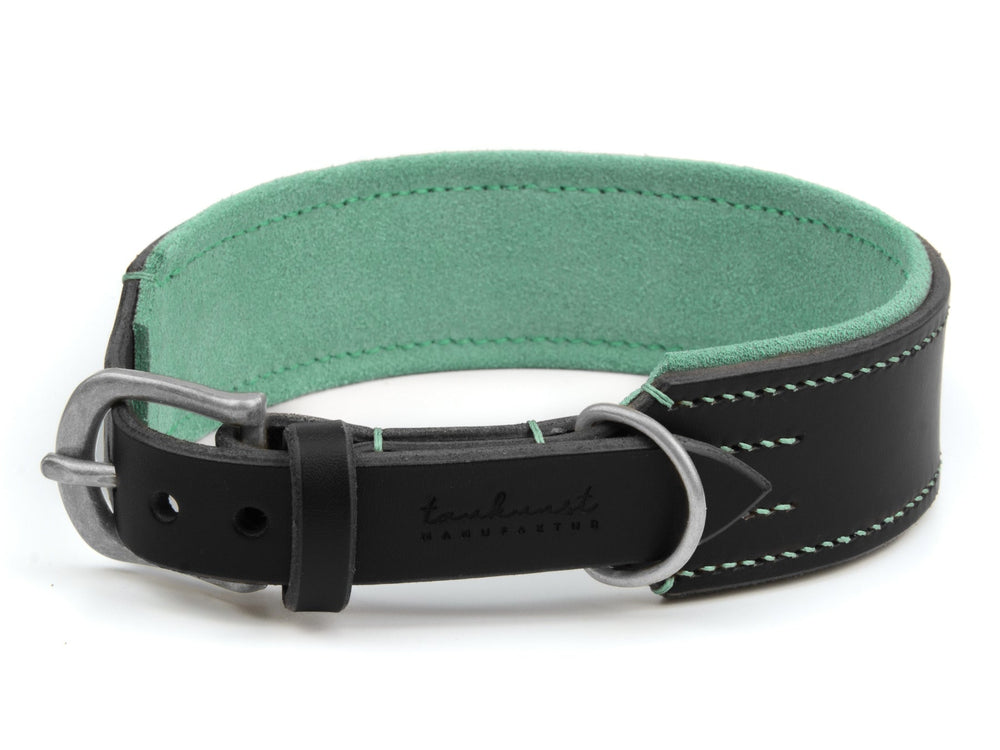 Schwarzes Lederhalsband mit grüner Innenauskleidung und stabiler Schnalle, perfekt für stilvolle Hunde.