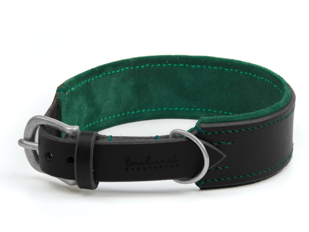 Schwarzes Lederhalsband mit grüner Innenauskleidung und silberner Schnalle, elegant genäht und weich gefüttert.
